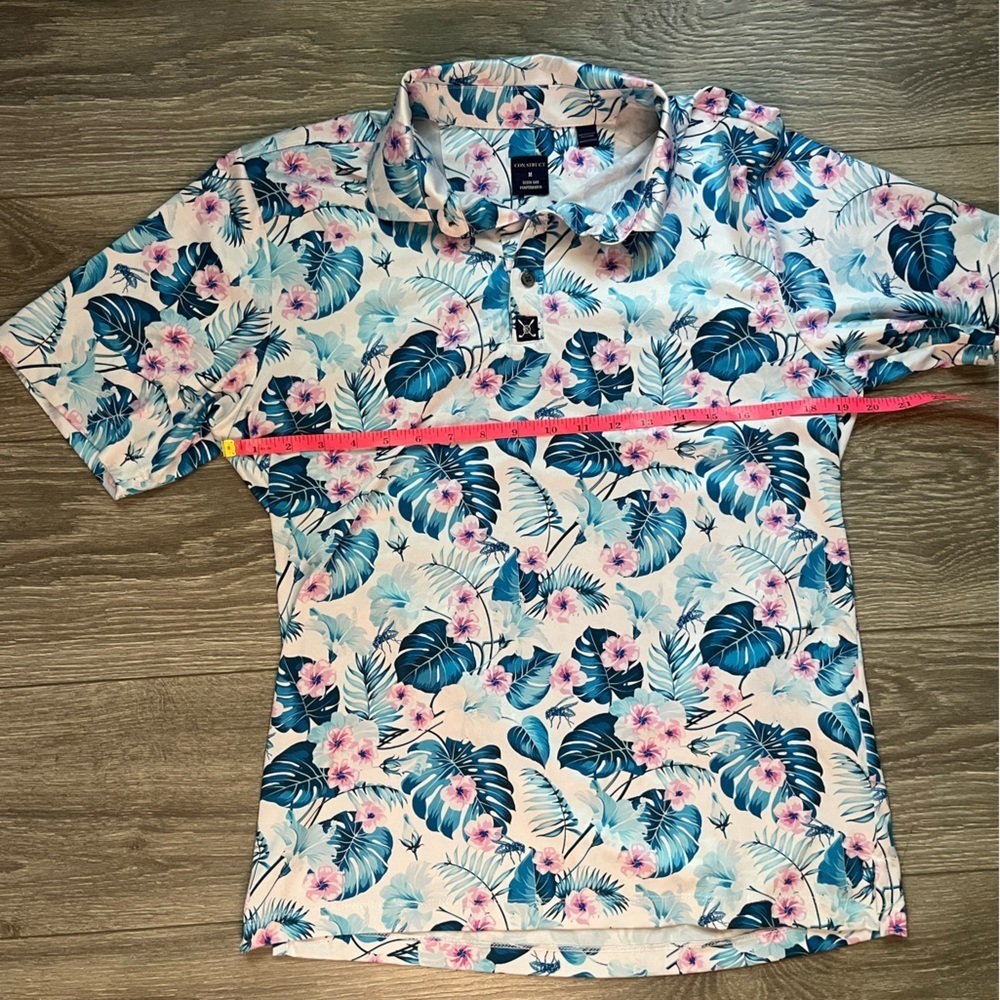 Con.struct Men’s White Blue Pink Hibiscus Palm Hawaiian Golf Polo Short Sleeve M - Picture 8 of 8